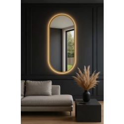 Lustro VELVET OVAL Glamour Premium – Owalne Lustro w Złotej  Ramie  podświetleniem LED do Sypialni, Przedpokoju i Salonu Biura