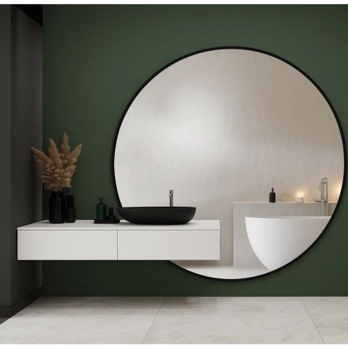 Lustro MIRAFIT – okrągłe lustro z wycięciem na szafkę | lustro na wymiar | nowoczesne lustro łazienkowe w czarnej ramie MDF