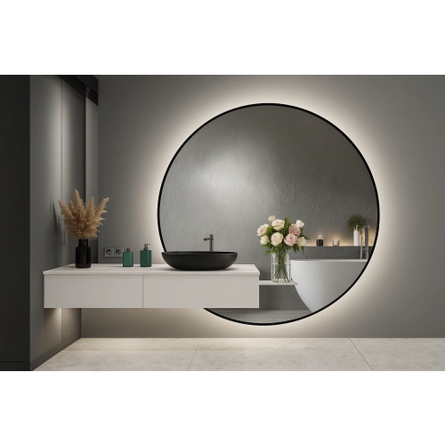 Lustro MIRAFIT – okrągłe lustro LED z wycięciem na szafkę | lustro na wymiar z podświetleniem | nowoczesne lustro łazienkowe w czarnej ramie MDF