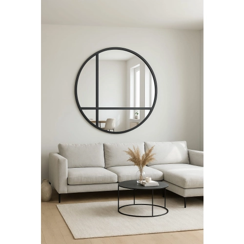 Lustro SHANTI LOFT – okrągłe loftowe ze szprosami w czarnej matowej ramie MDF, styl industrialny