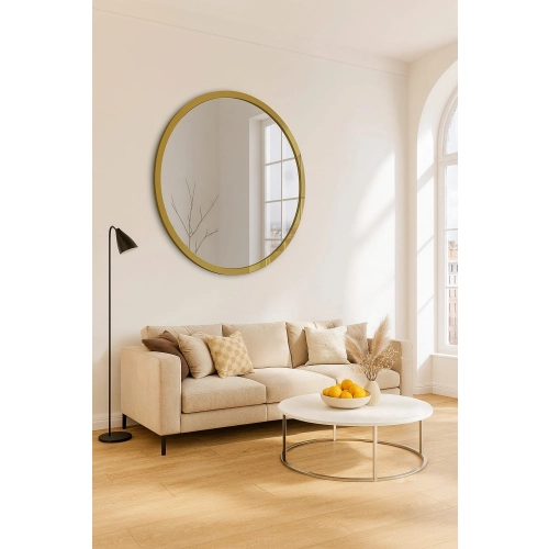 Lustro VELIA – okrągłe lustro złote glamour do salonu, sypialni i holu