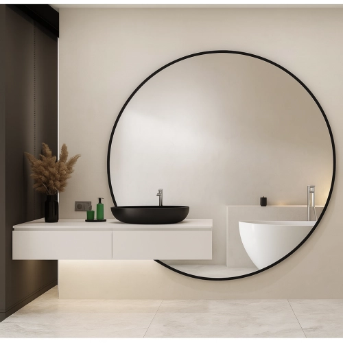 Lustro MIRAFIT – okrągłe lustro z wycięciem na szafkę | lustro na wymiar | nowoczesne lustro łazienkowe w czarnej ramie MDF