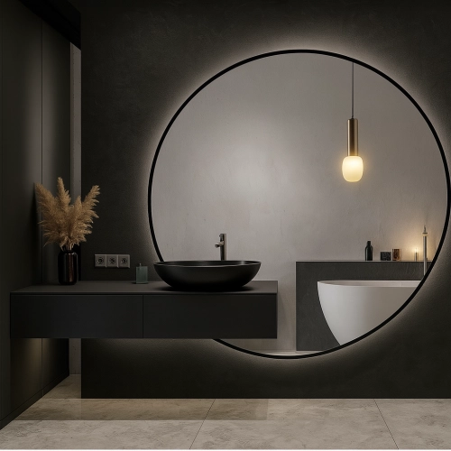 Lustro MIRAFIT – okrągłe lustro LED z wycięciem na szafkę | lustro na wymiar z podświetleniem | nowoczesne lustro łazienkowe w czarnej ramie MDF