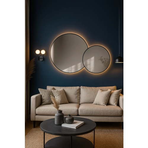 Lustro VOW – zestaw dwóch okrągłych luster LED w ramie MDF slim | Lustra dekoracyjne do salonu, sypialni i przedpokoju