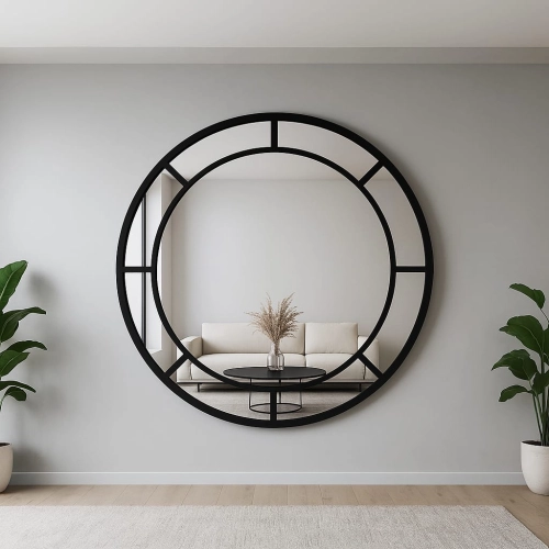 Lustro ICE LOFT SOLAR – okrągłe lustro loft ze szprosami czarne, duże industrialne do salonu, przedpokoju, jadalni
