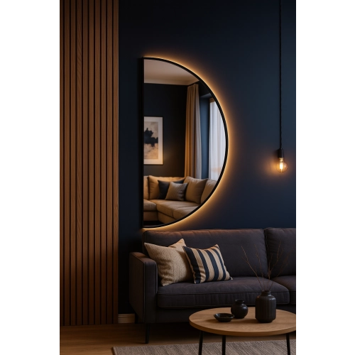 Lustro ECHO – nowoczesne lustro LED półokrągłe w czarnej ramie MDF | lustro dekoracyjne z podświetleniem | designerskie lustro ścienne do salonu, sypi