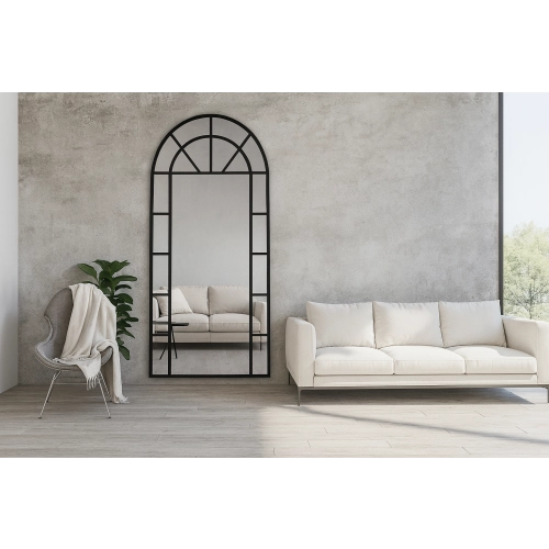 Lustro CATHEDRAL – loftowe lustro z łukiem i szprosami | duże lustro w czarnej ramie MDF | dekoracyjne lustro stojące w stylu industrialnym