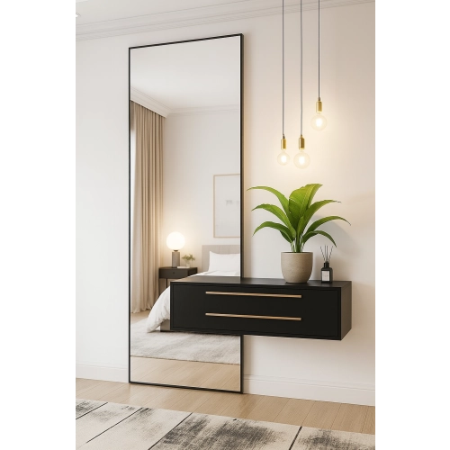 Lustro VERTICA LED – nowoczesne lustro z ramą i wycięciem na szafkę | lustro loftowe z podświetleniem | lustro do przedpokoju lub sypialni