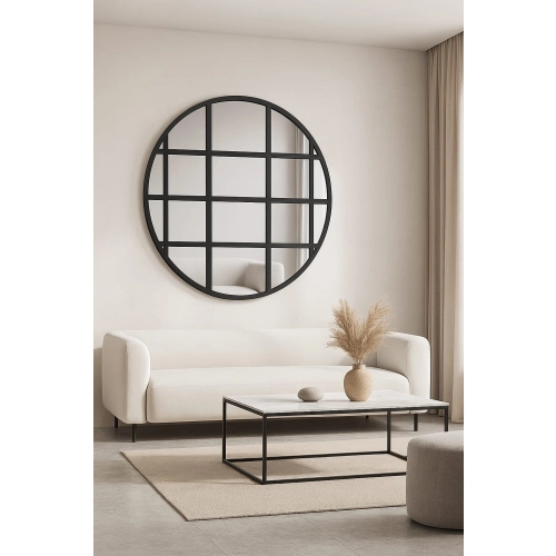 Lustro MANHATTAN  – designerskie okrągłe lustro loftowe ze szprosami w czarnej ramie, idealne do salonu, sypialni i biura