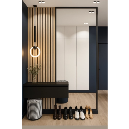 Lustro VERTICA LED – nowoczesne lustro z ramą i wycięciem na szafkę | lustro loftowe z podświetleniem | lustro do przedpokoju lub sypialni