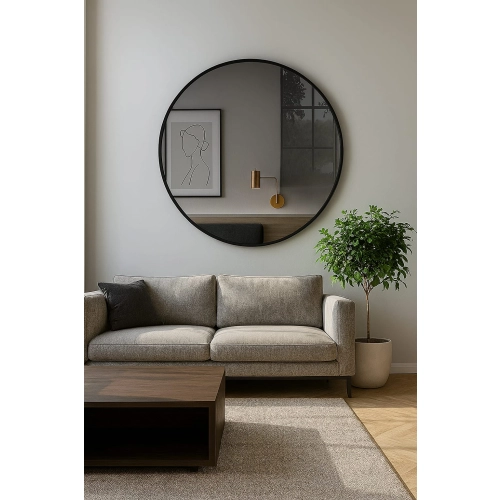 Lustro HALO BLACK – Okrągłe Lustro w Czarnej Ramie MDF SLIM do Salonu, Przedpokoju i Sypialni, Nowoczesne Lustro Dekoracyjne