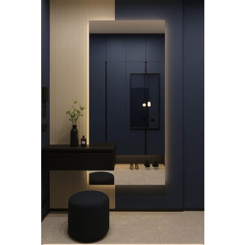 Lustro TAXIWAY – nowoczesne lustro prostokątne LED z wycięciem na szafkę | lustro do przedpokoju, łazienki lub garderoby | dekoracyjne lustro z podświ