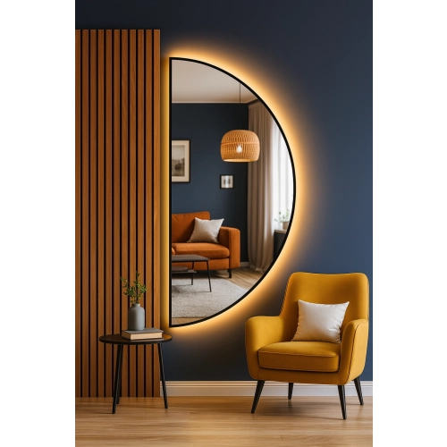 Lustro ECHO – nowoczesne lustro LED półokrągłe w czarnej ramie MDF | lustro dekoracyjne z podświetleniem | designerskie lustro ścienne do salonu, sypi