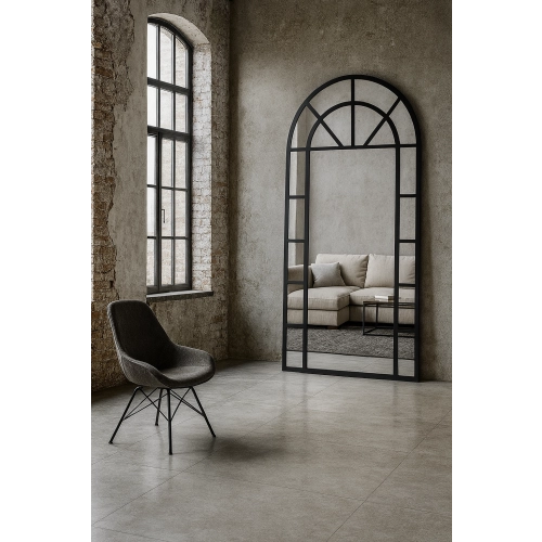 Lustro CATHEDRAL – loftowe lustro z łukiem i szprosami | duże lustro w czarnej ramie MDF | dekoracyjne lustro stojące w stylu industrialnym