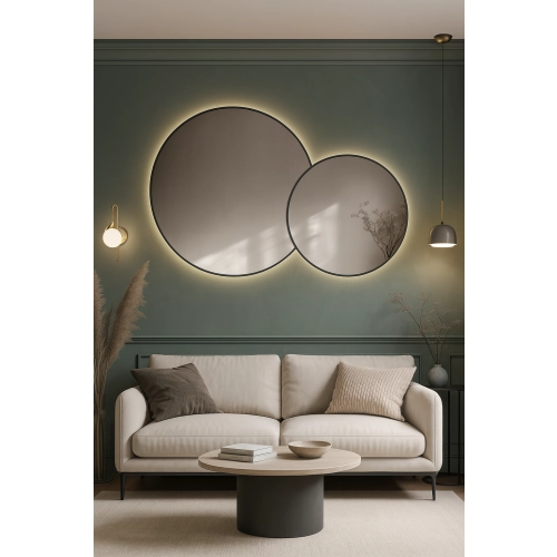 Lustro VOW – zestaw dwóch okrągłych luster LED w ramie MDF slim | Lustra dekoracyjne do salonu, sypialni i przedpokoju