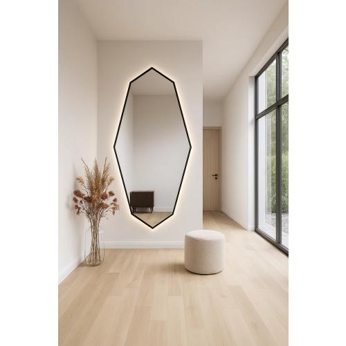 Lustro PRISMÉ w Matowej Czarnej Ramie MDF z podświetleniem LED do Sypialni, Przedpokoju i Salonu Biura