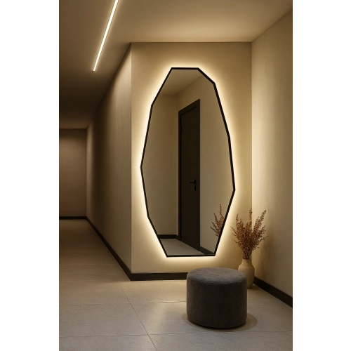 Lustro QUARTZ w Matowej Czarnej Ramie MDF z podświetleniem LED do Sypialni, Przedpokoju i Salonu Biura