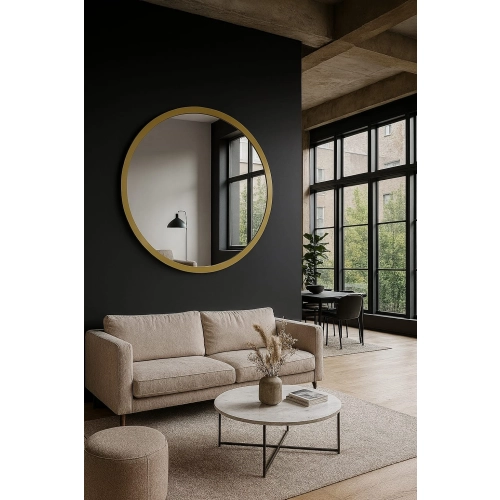 Lustro VELIA – okrągłe lustro złote glamour do salonu, sypialni i holu