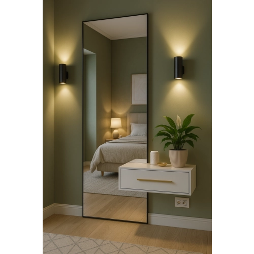 Lustro VERTICA LED – nowoczesne lustro z ramą i wycięciem na szafkę | lustro loftowe z podświetleniem | lustro do przedpokoju lub sypialni