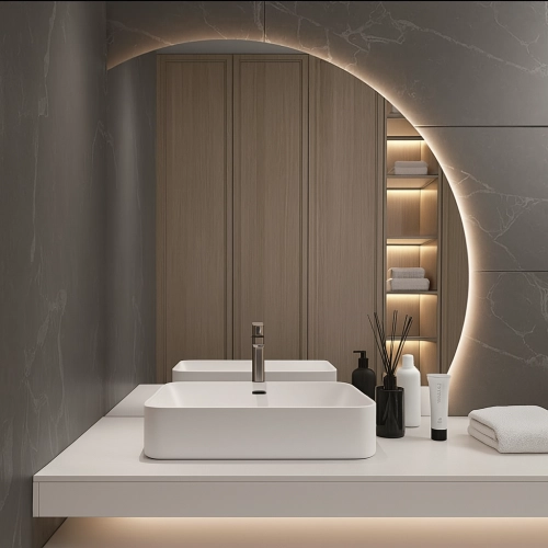 Lustro SoleMezza – łazienkowe lustro LED, ćwiartka koła z podświetleniem | nowoczesne lustro do łazienki | dekoracyjne lustro ścienne z oświetleniem