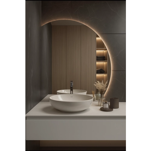 Lustro SoleMezza – łazienkowe lustro LED, ćwiartka koła z podświetleniem | nowoczesne lustro do łazienki | dekoracyjne lustro ścienne z oświetleniem