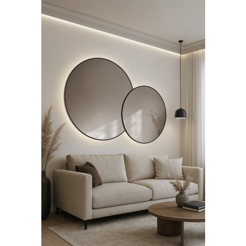 Lustro VOW – zestaw dwóch okrągłych luster LED w ramie MDF slim | Lustra dekoracyjne do salonu, sypialni i przedpokoju