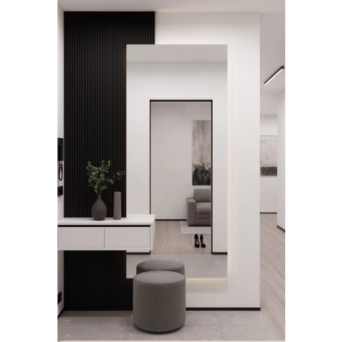 Lustro TAXIWAY – nowoczesne lustro prostokątne LED z wycięciem na szafkę | lustro do przedpokoju, łazienki lub garderoby | dekoracyjne lustro z podświ