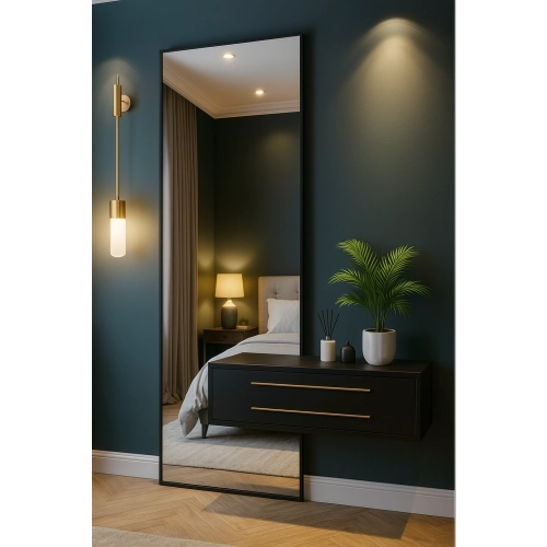 Lustro VERTICA LED – nowoczesne lustro z ramą i wycięciem na szafkę | lustro loftowe z podświetleniem | lustro do przedpokoju lub sypialni