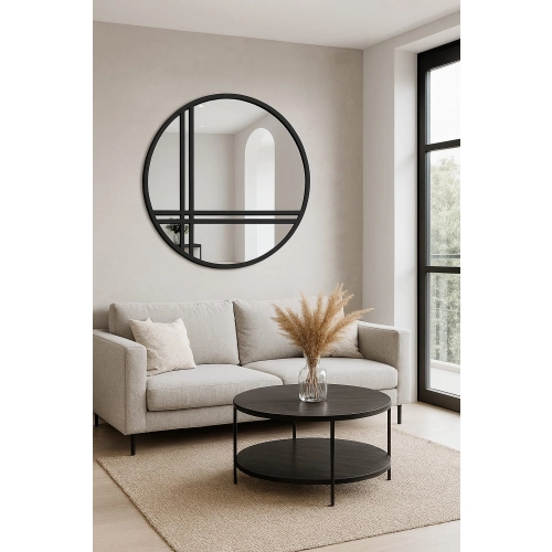 Lustro SHANTI LINEA – okrągłe loftowe ze szprosami w czarnej matowej ramie MDF, styl industrialny