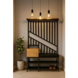 Ławka Do Przedpokoju Z Wieszakiem I Szufladą Metalowa Siedzisko Tapicerowane  Czarny Stal LMW-1