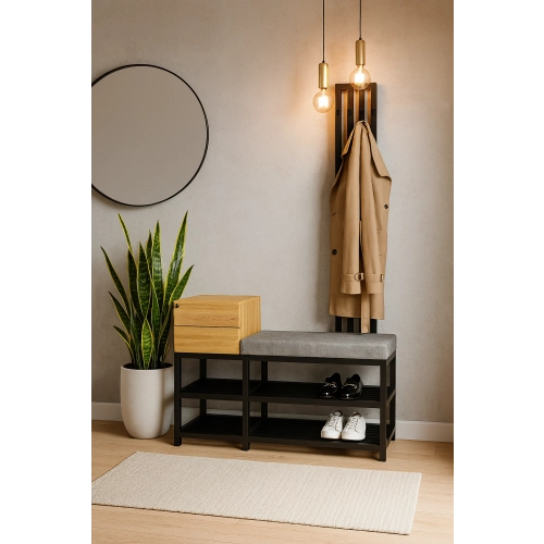 Ławka Do Przedpokoju Z Wieszakiem I Szufladą Metalowa Siedzisko Tapicerowane Szary Stal LMW-18