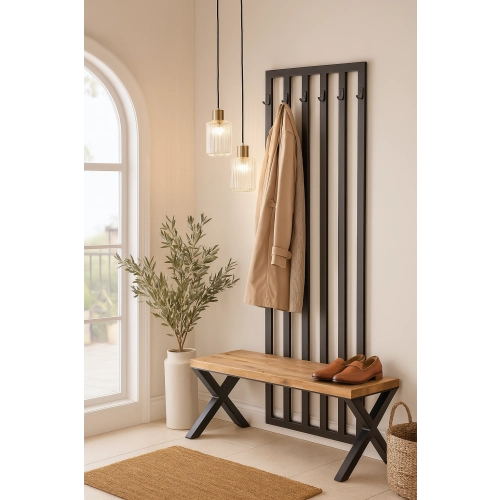 Ławka Metalowa Z Wieszakiem Loft Siedzisko Drewno Lite Dąb LM-117 Rozmiary od 50 cm do 200 cm