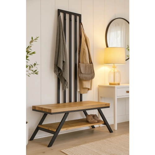 Ławka Metalowa Z Wieszakiem Loft Siedzisko Drewno Lite Dąb LM-81 Rozmiary od 50 cm do 200 cm