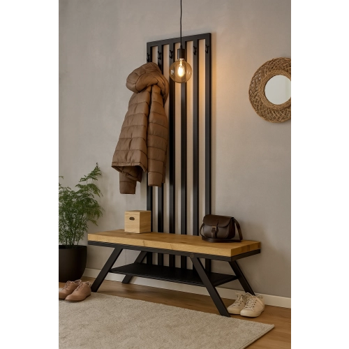 Ławka Metalowa Z Wieszakiem Loft Siedzisko Drewno Lite Dąb LM-84 Rozmiary od 50 cm do 200 cm