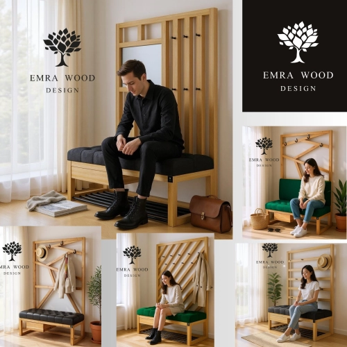 Ławki drewniane tapicerowane z wieszakiem i panelem