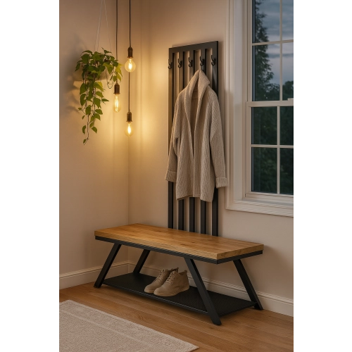 Ławka Metalowa Z Wieszakiem Loft Siedzisko Drewno Lite Dąb LM-116 Rozmiary od 50 cm do 200 cm