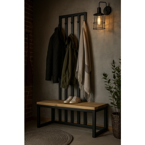 Ławka Metalowa Z Wieszakiem Loft Siedzisko Drewno Lite Dąb LM-113 Rozmiary od 50 cm do 200 cm