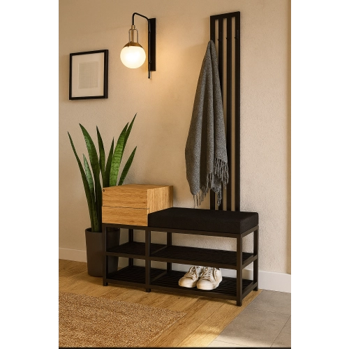 Ławka Do Przedpokoju Z Wieszakiem I Szufladą Metalowa Siedzisko Tapicerowane  Czarny Stal LMW-18