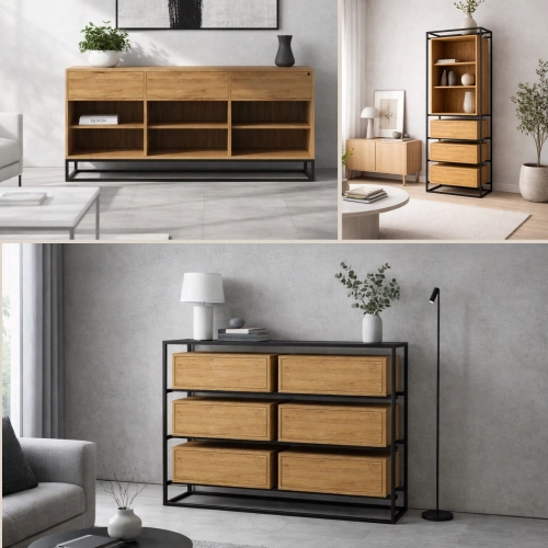 Komody Witryny z Drewna Litego w Stylu Loft / Boho