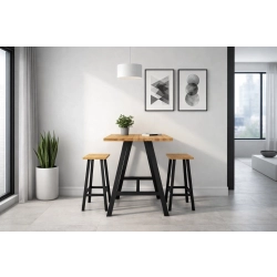 Zestaw Barowo -Jadalniany z Metalu i Drewna Litego Dębowego  Stół + 2 Taborety Model ZETS-31