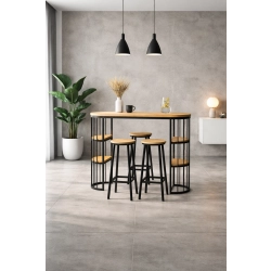 Zestaw Barowo -Jadalniany z Metalu i Drewna Litego Dębowego  Stół + 2 Taborety Model ZETS-34