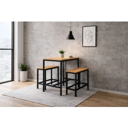 Zestaw Barowo - Jadalniany z Metalu , Blat Drewno Lite Dębowe  Stół +2 Ławki Model  ZETS-12