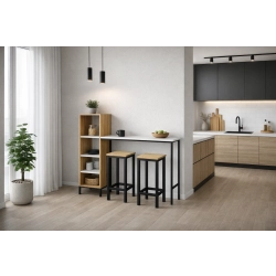 Zestaw Barowo -Jadalniany z Metalu i Drewna Litego Dębowego  Stół + 2 Taborety Model ZETS-23