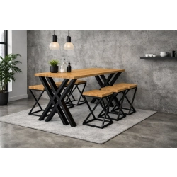Zestaw Barowo -Jadalniany z Metalu i Drewna Litego Dębowego  Stół + 6 Taboretów Model  ZETS-3