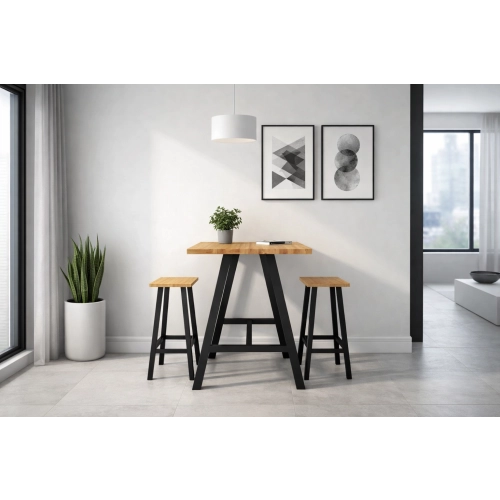 Zestaw Barowo -Jadalniany z Metalu i Drewna Litego Dębowego  Stół + 2 Taborety Model ZETS-31
