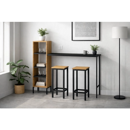 Zestaw Barowo -Jadalniany z Metalu i Drewna Litego Dębowego  Stół + 2 Taborety Model ZETS-24