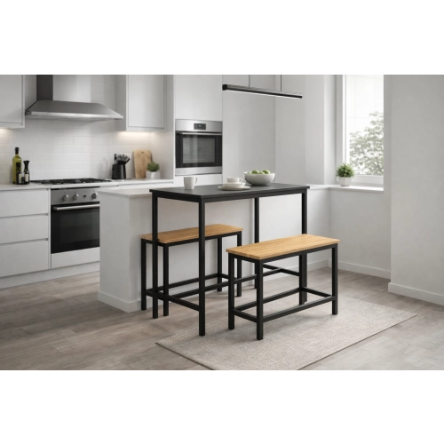 Zestaw Barowo - Jadalniany z Metalu , Blat Czarny Płyta MDF  Stół +2 Ławki Model  ZETS-11