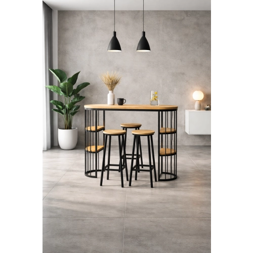 Zestaw Barowo -Jadalniany z Metalu i Drewna Litego Dębowego  Stół + 2 Taborety Model ZETS-34