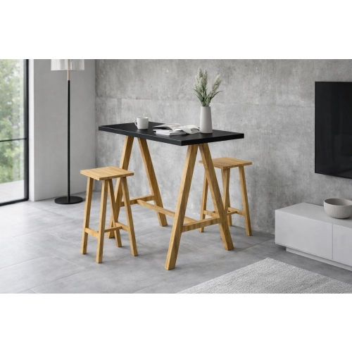 Zestaw Barowo Jadalniany Nogi z Drewna Litego Dębowego , Blat Czarny Płyta MDF  Stół +2 Taborety Model  ZETS-30