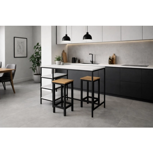 Zestaw Barowo - Jadalniany z Metalu , Blat Biały Płyta MDF  Stół +2 Taborety Model  ZETS-22